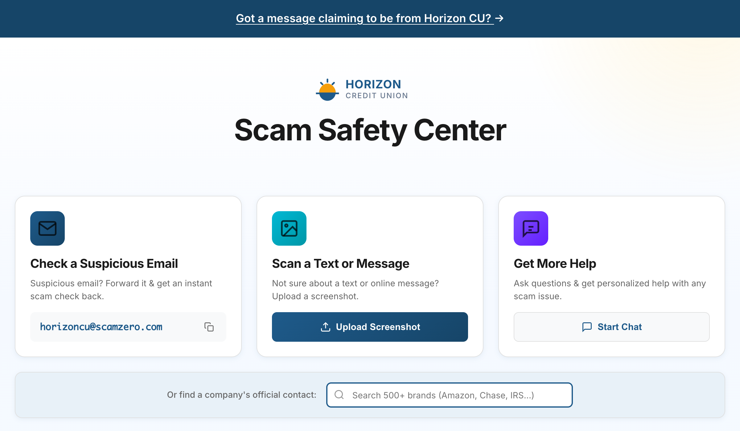 ScamZero credit union portal interface